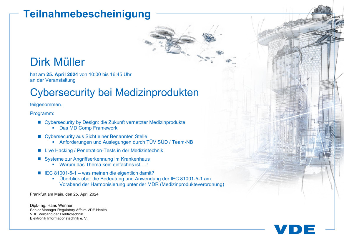 VDE Cybersecurity Teilnahmebescheinigung