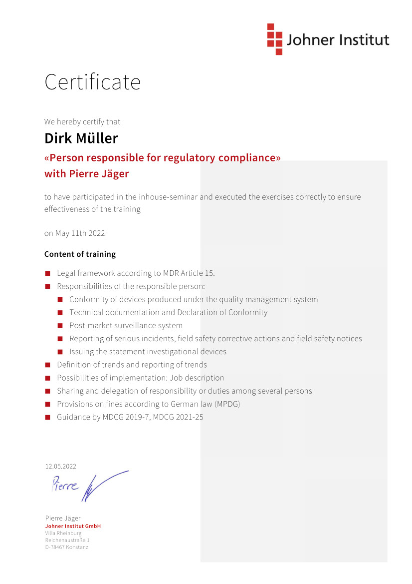 Certificate PRRC training Dirk Mueller