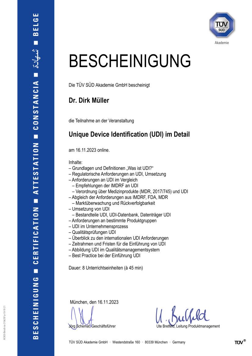 Certificate of UDI training Dirk Mueller