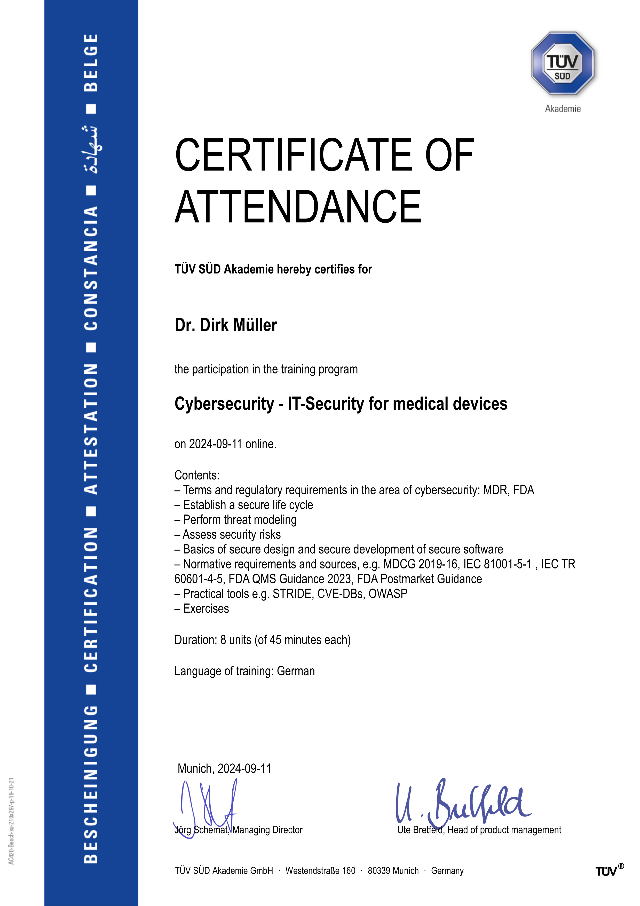 Cybersecurity for Medical Devices TUEV Sued Seminar Sep 2024