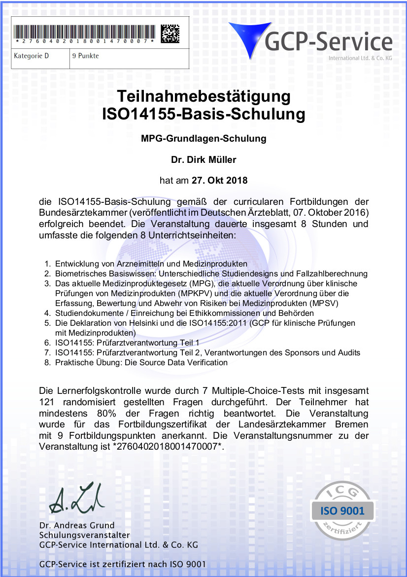 Zertifikat ISO 14155 Online Kurs Okt 2018