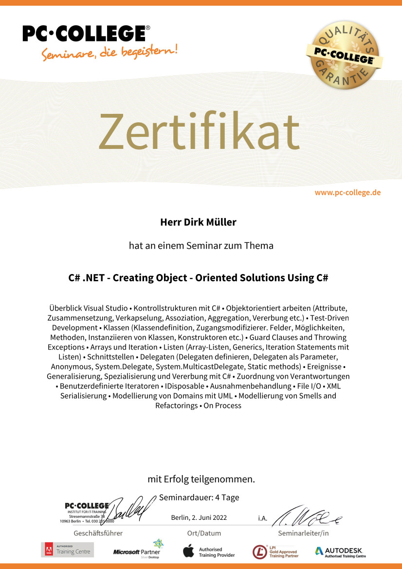 Zertifikat PC College CSharp Jun 2022